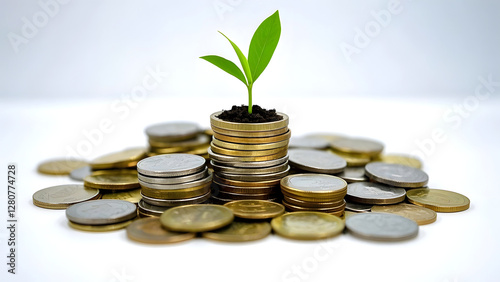 A small tree grows from a pile of coins, symbolizing finance and growth. and the connection between nature and finance. photo