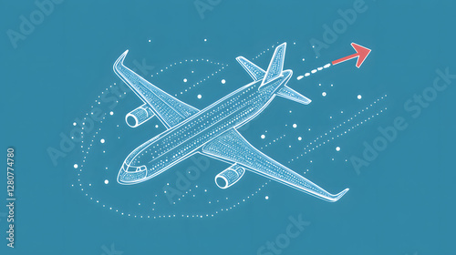 A simple vector graphic of an airplane flying, white dots on a blue background, and a red location pin
