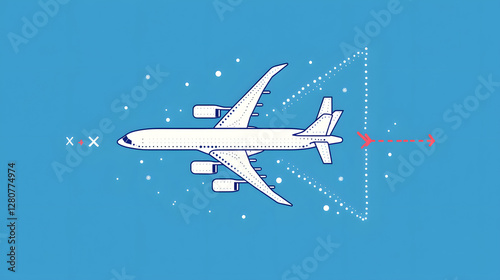 A simple vector graphic of an airplane flying, white dots on a blue background, and a red location pin
