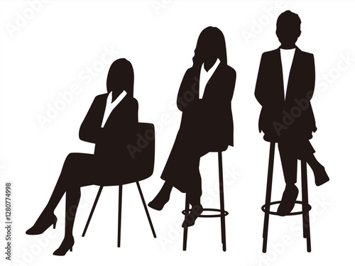 Collection of vector silhouettes of woman on white background. Collection of Different Business Woman Pose Sit Down. Perfect symbol for your web site design, logo, app, UI. Vector illustration, EPS