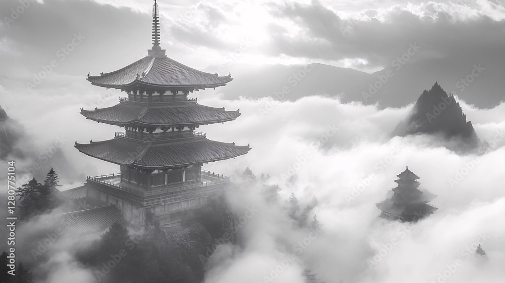 A mystical mountain temple floating above stormy clouds A mystical mountain temple floating above stormy clouds