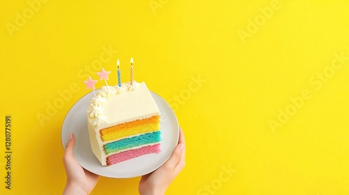 Close-up of hands holding a colorful birthday cake on a plate, isolated over a yellow background. Top view with copy space, concept for celebration and a happy holiday event party banner.