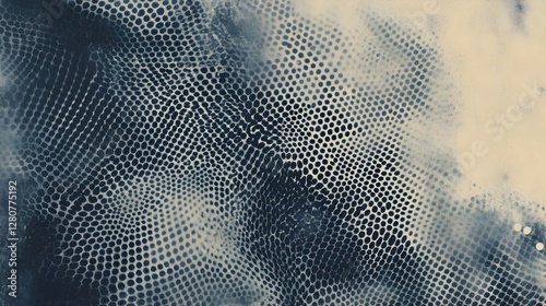 Halftone dot pattern texture background in navy and beige provides a vintage, decorative surface.
