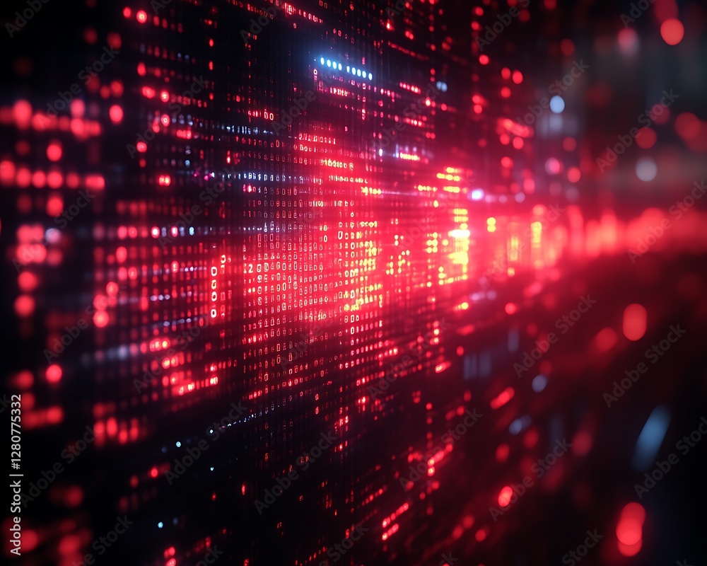 Digital data stream wall, city lights bokeh Digital data stream wall, city lights bokeh