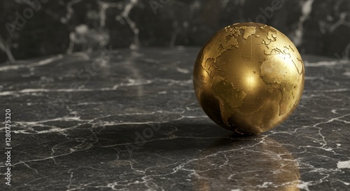 Gleaming golden world globe resting on an elegant marble surface