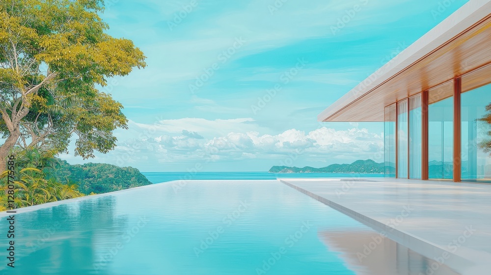 Fototapeta premium Contemporary villa with an infinity pool overlooking a tranquil ocean view.