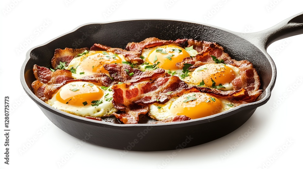 Delicious breakfast skillet with eggs and crispy bacon. Delicious breakfast skillet with eggs and crispy bacon.