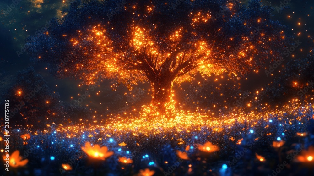 Glowing tree, night field, fantasy, sparks, digital art, background, nature, magic, poster Glowing tree, night field, fantasy, sparks, digital art, background, nature, magic, poster