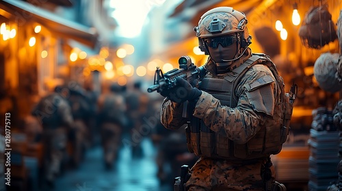 Soldier in urban environment with rifle, action shot, possible use in military/security stock photography