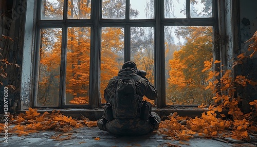 Person observing autumnal scenery from abandoned building window photo