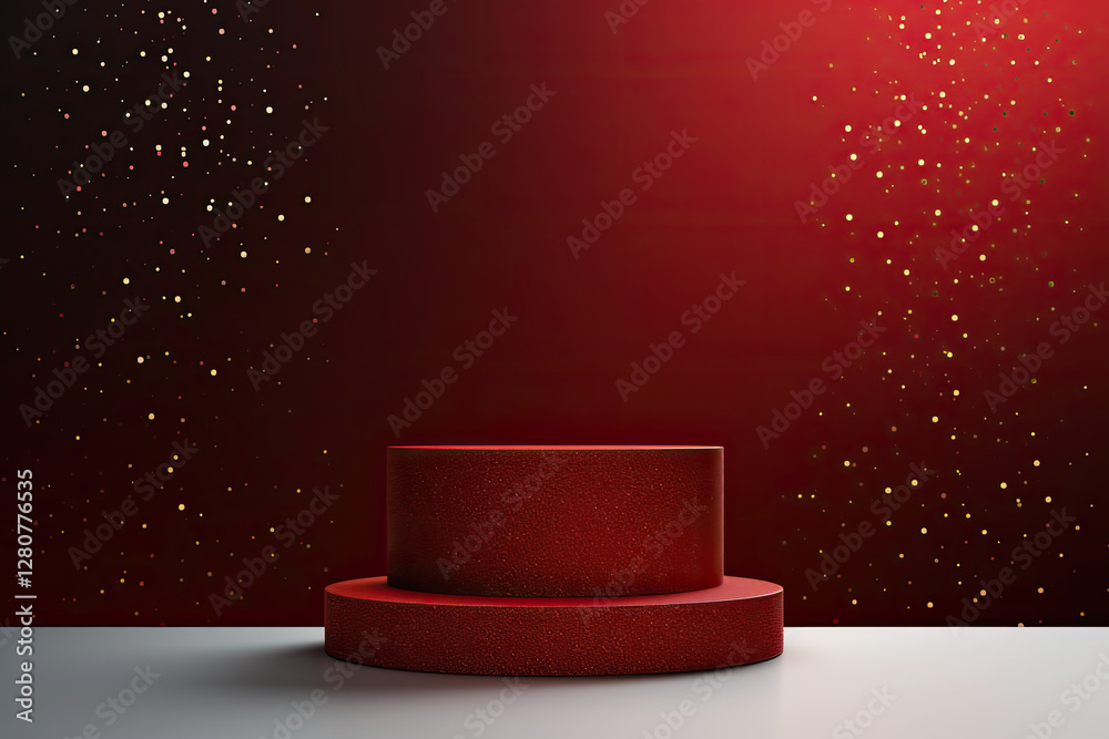 custom made wallpaper toronto digitalRed cylindrical podium, glowing rectangular frame, dark red background, sparkling particles, festive atmosphere, product display, minimalist stage, holiday theme, luxurious presentation, 3D rendering,