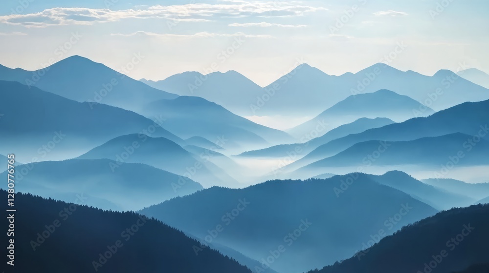 Obraz premium Layered mountain silhouettes under a blue sky minimalist landscape art style