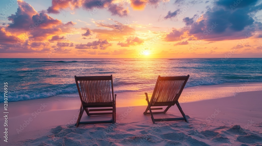 Romantic sunset view from beach chairs overlooking the ocean tranquil vacation mood Romantic sunset view from beach chairs overlooking the ocean tranquil vacation mood