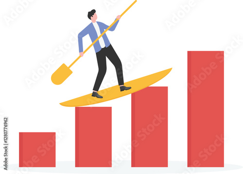 Businessman surfing financial stock graph. Riding stock graph waves on surfboard showing. Successful trader on peak of profitability.
