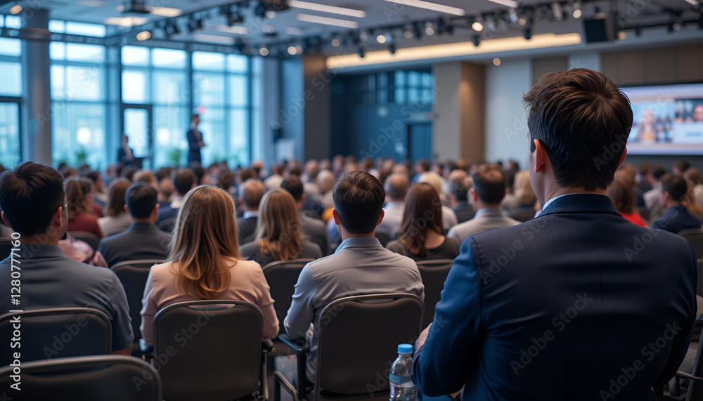 Fototapeta premium Professional Business Conference - Audience Listening to Speaker in Modern Venue.
