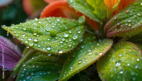 A close-up of glistening dewdrops on vibrant green leaves and colorful petals, capturing the essence of nature's freshness and vitality, isolated on a transparent background.
