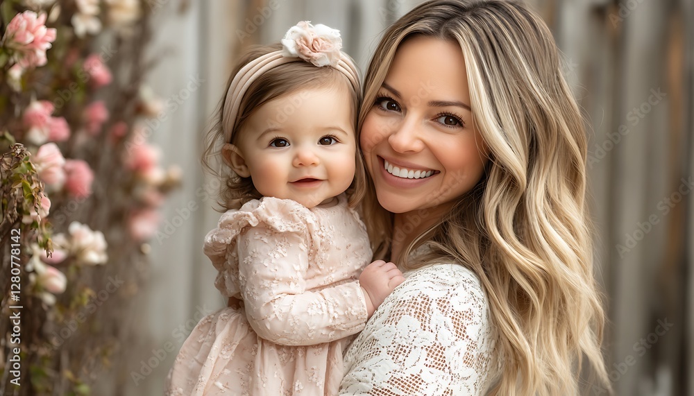 Obraz premium Mother and baby girl portrait, floral backdrop, smiling