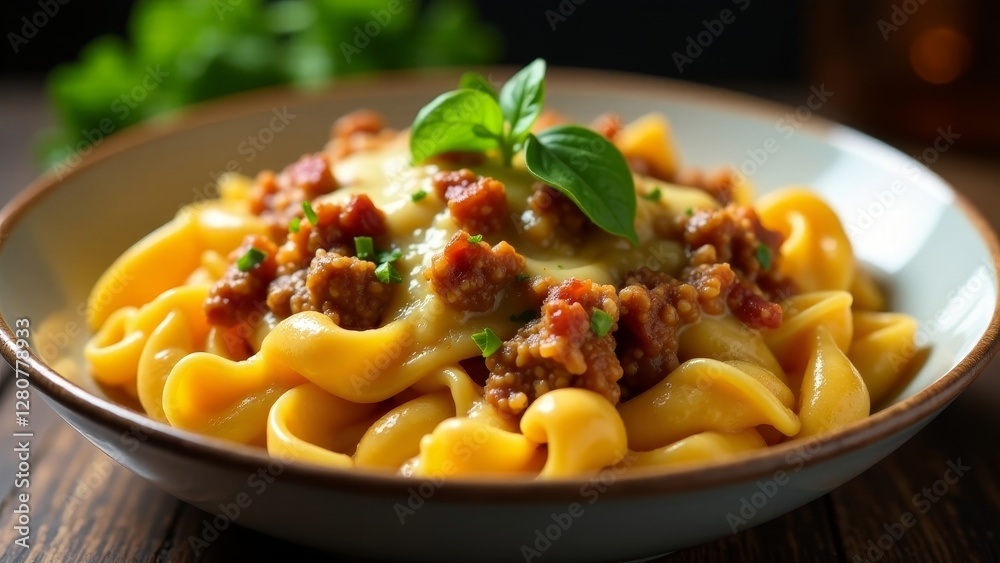 Aromatic pasta dish with savory meat sauce and melted cheese, garnished with fresh basil