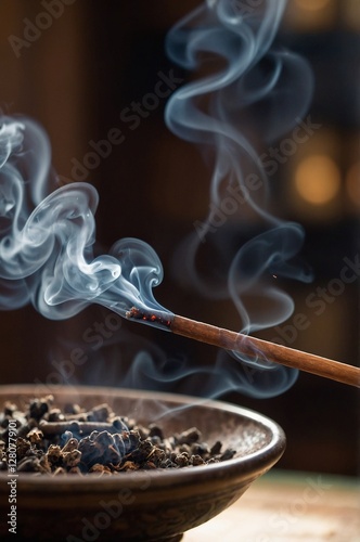 Close-up of a burning incense stick with delicate smoke swirling in the air, creating a calming and meditative atmosphere in a dark and moody bac