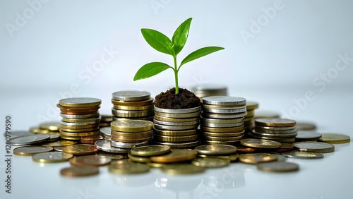 A small tree grows from a pile of coins, symbolizing finance and growth. and the connection between nature and finance.