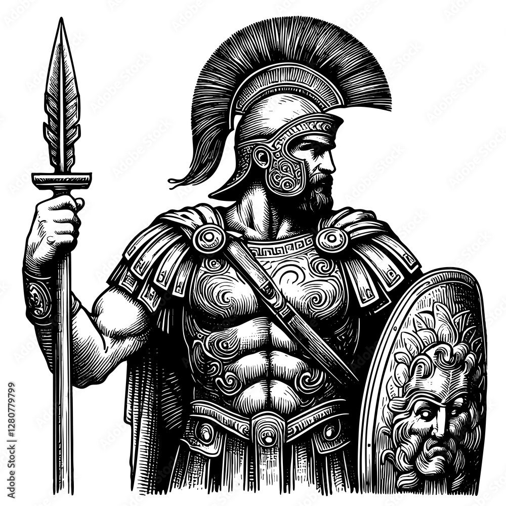 Obraz premium ancient Roman warrior in armor, holding a spear and decorated shield, symbolizing strength and valor engraving generative ai sketch PNG illustration