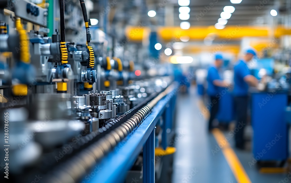 Fototapeta premium Factory assembly line with workers in the background