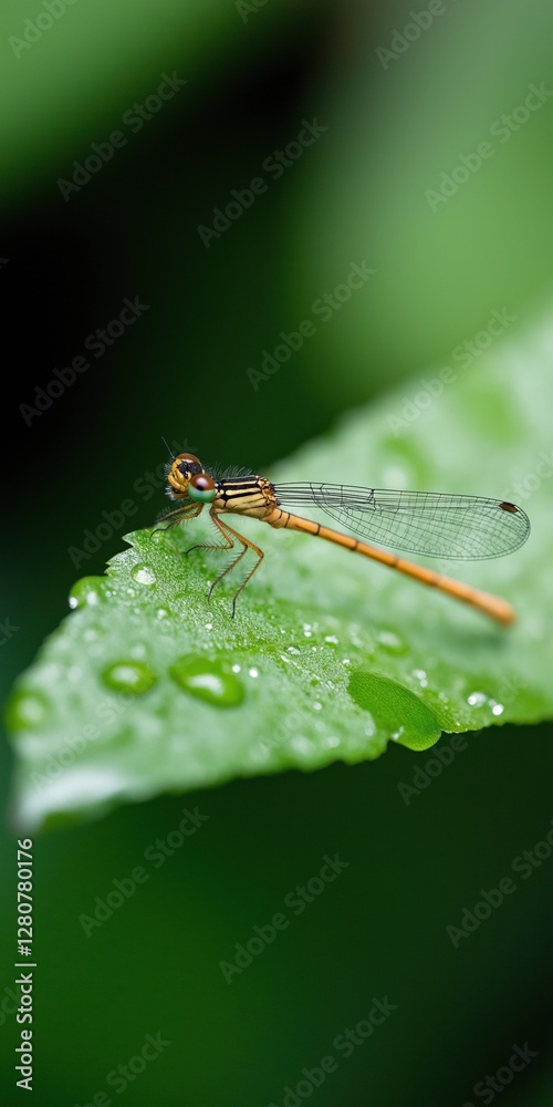 A dragonfly is sitting on a leaf. The leaf is wet and shiny. The dragonfly is brown and black A dragonfly is sitting on a leaf. The leaf is wet and shiny. The dragonfly is brown and black