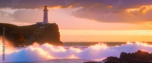 A towering lighthouse stands on a rocky cliff, its bright light cutting through a swirling mist