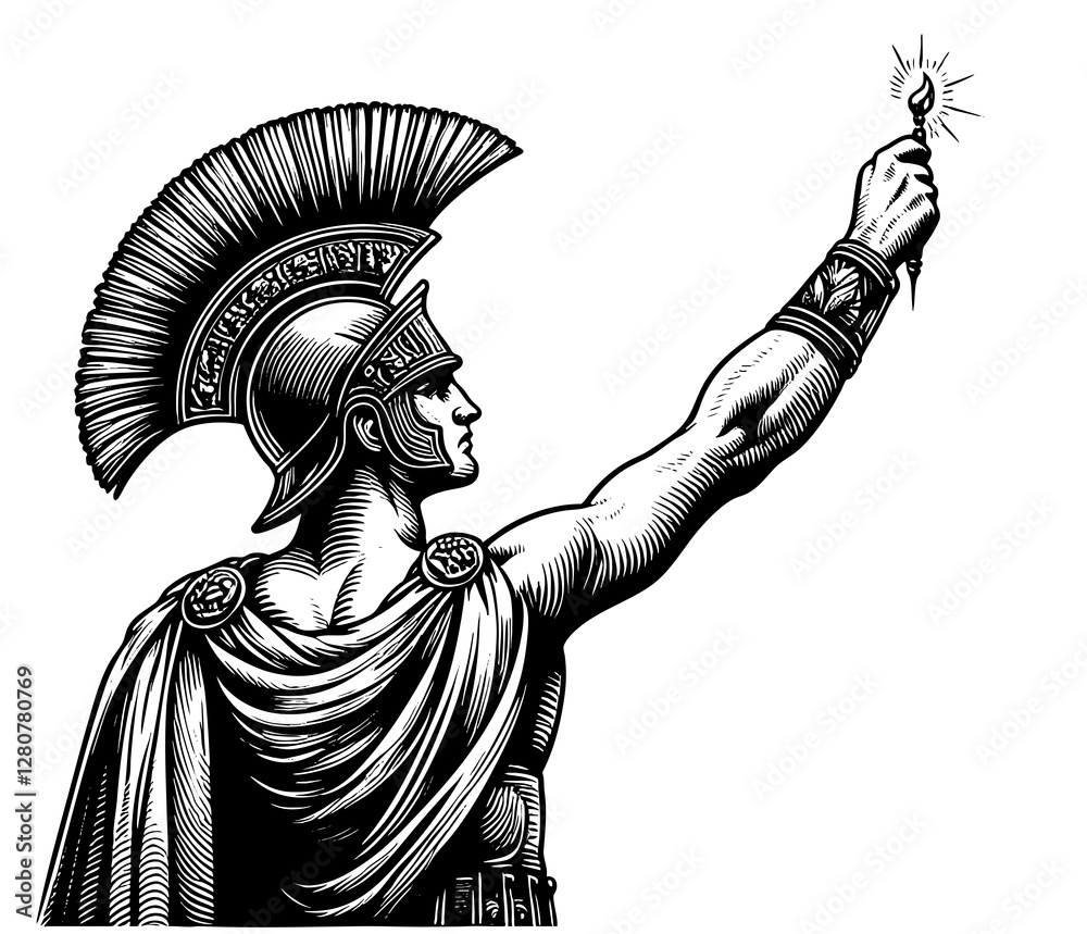 Obraz premium Roman warrior in armor and helmet, raising a lit torch, symbolizing victory, power, and enlightenment engraving generative ai sketch PNG illustration