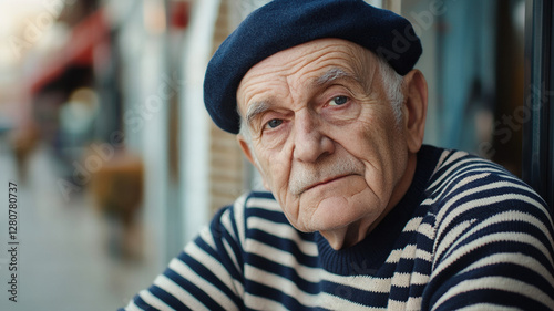 An elderly Frenchman with a weathered face, dressed in traditional sailor attire, featuring a striped navy blue sweater and a classic black beret, embodying maritime charm.