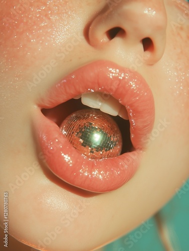 Glamorous close-up of a female singer’s mouth with a disco ball on her tongue