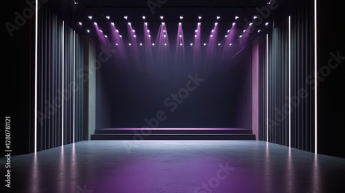 Empty contemporary music performance stage with isolation lighting, dramatic symmetry, and a minimalistic setup, designed for professional concerts and rehearsals photo