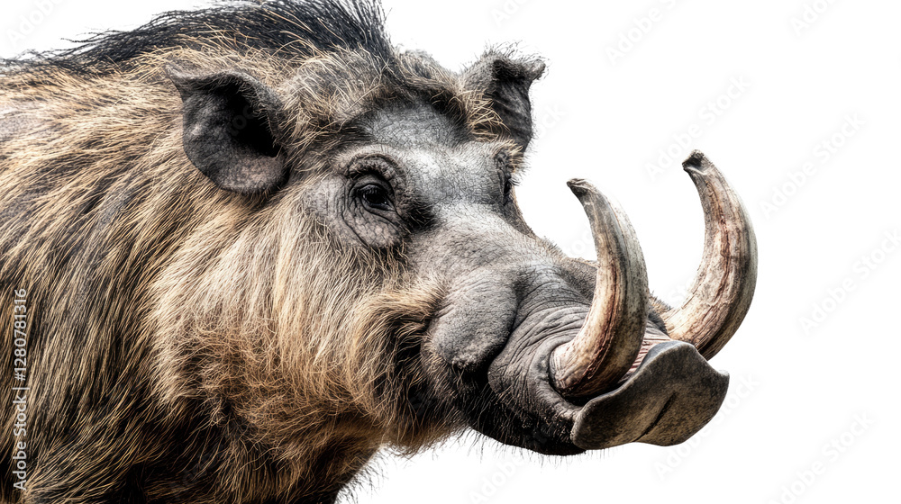 Fototapeta premium The Ferocious Gaze: A striking close-up of a warthog, revealing its rugged features, fierce expression, and prominent tusks, evoking a sense of the wild and untamed.