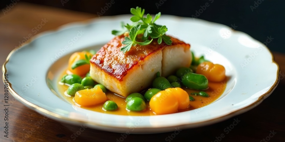 Savory Pan-Seared Fish Fillet with Sweet and Savory Vegetable Medley in a Rich Sauce Savory Pan-Seared Fish Fillet with Sweet and Savory Vegetable Medley in a Rich Sauce