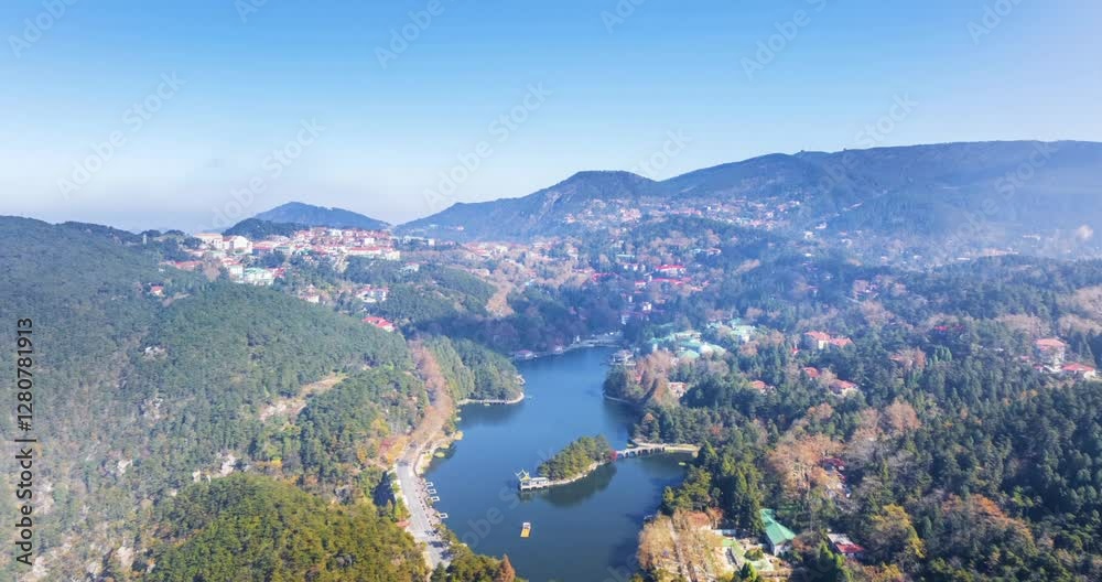 aerial time lapse of the Lushan mountain autumn scene, beautiful Ruqin lake landscape, Jiangxi province, China aerial time lapse of the Lushan mountain autumn scene, beautiful Ruqin lake landscape, Jiangxi province, China