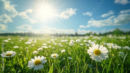 green field with white flowers and bright sun