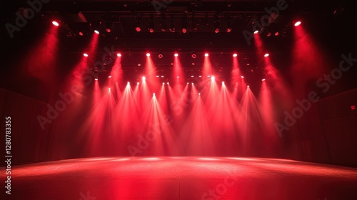 Atmospheric stage lighting setup in empty theater with dramatic spotlights creating contemporary performance art environment perfect for experimental shows and productions