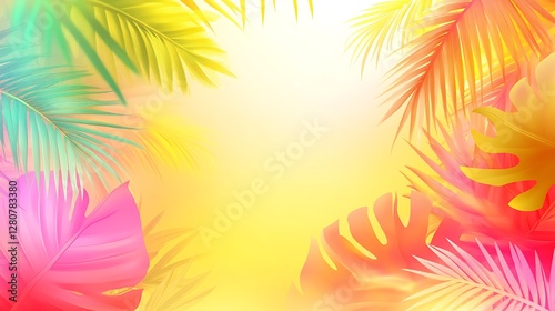 Colorful Tropical Leaves Background, Sunlight Effect, Graphic Design