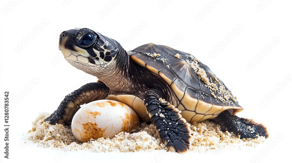 Baby turtle on sand next to its egg, isolated on white background. Baby turtle on sand next to its egg, isolated on white background.