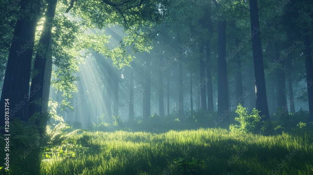 Serene forest landscape with sun rays shining through tall trees Serene forest landscape with sun rays shining through tall trees