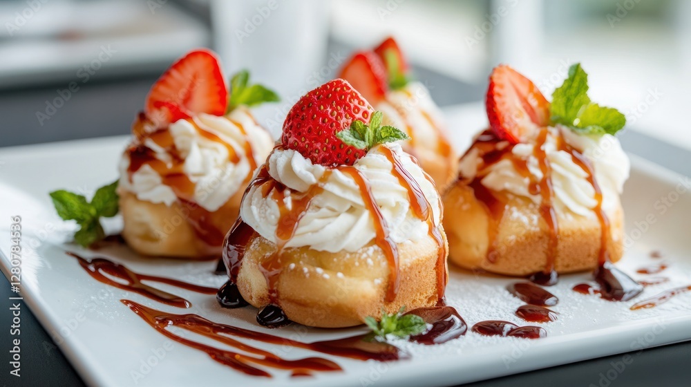 Delicately arranged sweet rolls feature fresh strawberries and a generous topping of whipped cream beautifully drizzled with caramel sauce Delicately arranged sweet rolls feature fresh strawberries and a generous topping of whipped cream beautifully drizzled with caramel sauce