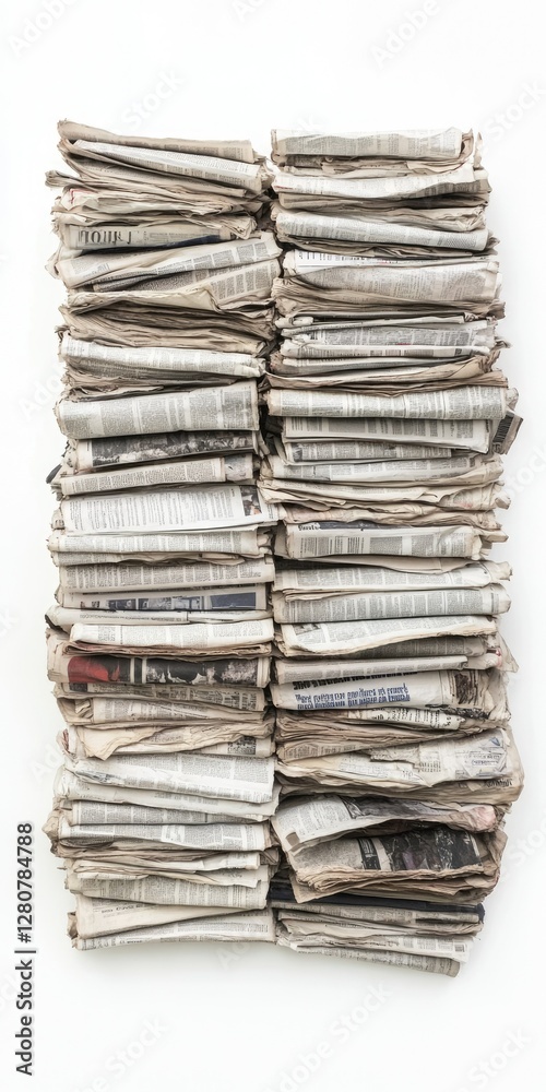Collection of Newspapers Stacked High on a Crisp White Background for Recycling and Journalism Themes Collection of Newspapers Stacked High on a Crisp White Background for Recycling and Journalism Themes