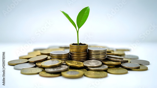 A small tree grows from a pile of coins, symbolizing finance and growth. and the connection between nature and finance. photo