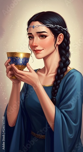 A serene maiden in blue holds a golden and blue goblet, her face alight with gentle joy and her dark braid adorned with a delicate diadem. photo