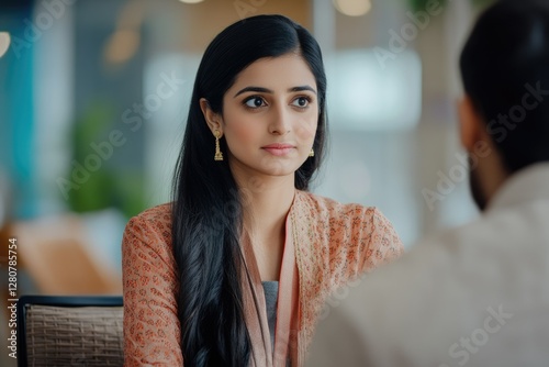Engaged Indian Woman in Discussion with Financial Advisor: Young Female Candidate at Job Interview in Modern Office Setting
