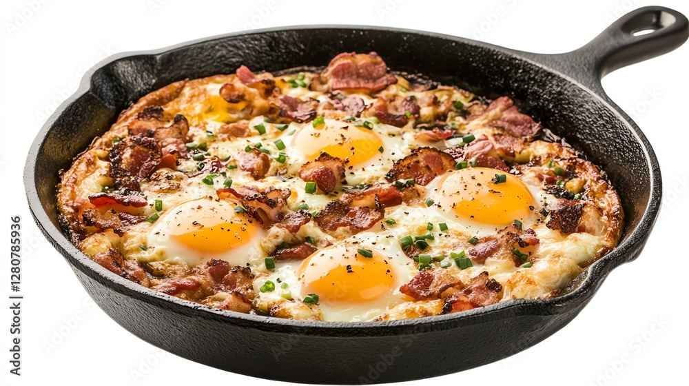 Delicious skillet breakfast with eggs, bacon, and cheese on white background. Delicious skillet breakfast with eggs, bacon, and cheese on white background.