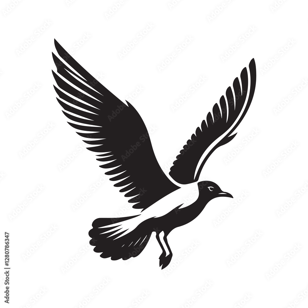Naklejka premium Seagull bird Silhouette Vector Illustration, Solid White Background.