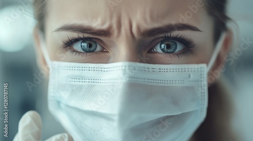 Portrait of a Female Eye Specialist Masked in White Attire, Tears in Her Eyes, Praying Amidst the Pandemic Crisis