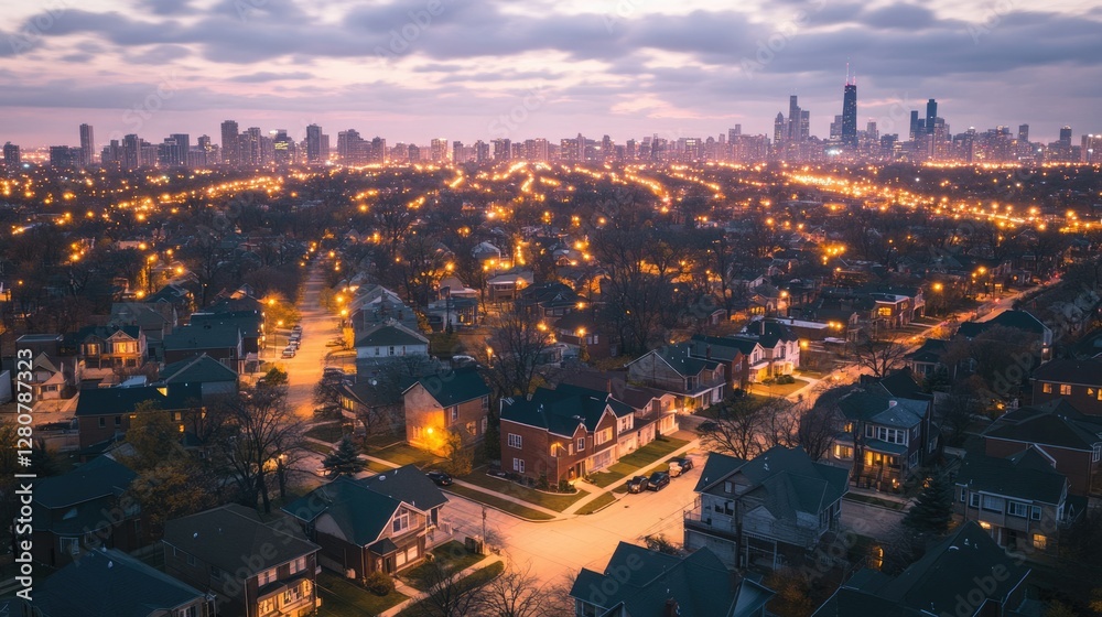 Naklejka premium Aerial Night Panorama of Chicago Suburbs: Urban Landscape with Charming Houses and Townhouses Under Dusk Sky