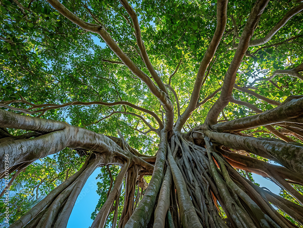 Obraz premium The giant banyan tree stretches into the vast sky